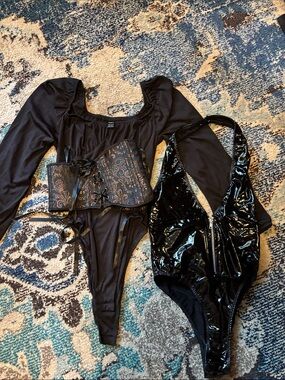 Black Lace-Up Floral Accent Corset with Shiny Black Halter Bodysuit Set